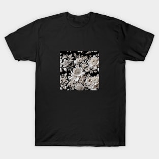 Intricate filigree lacework of white flowers on black backdrop T-Shirt